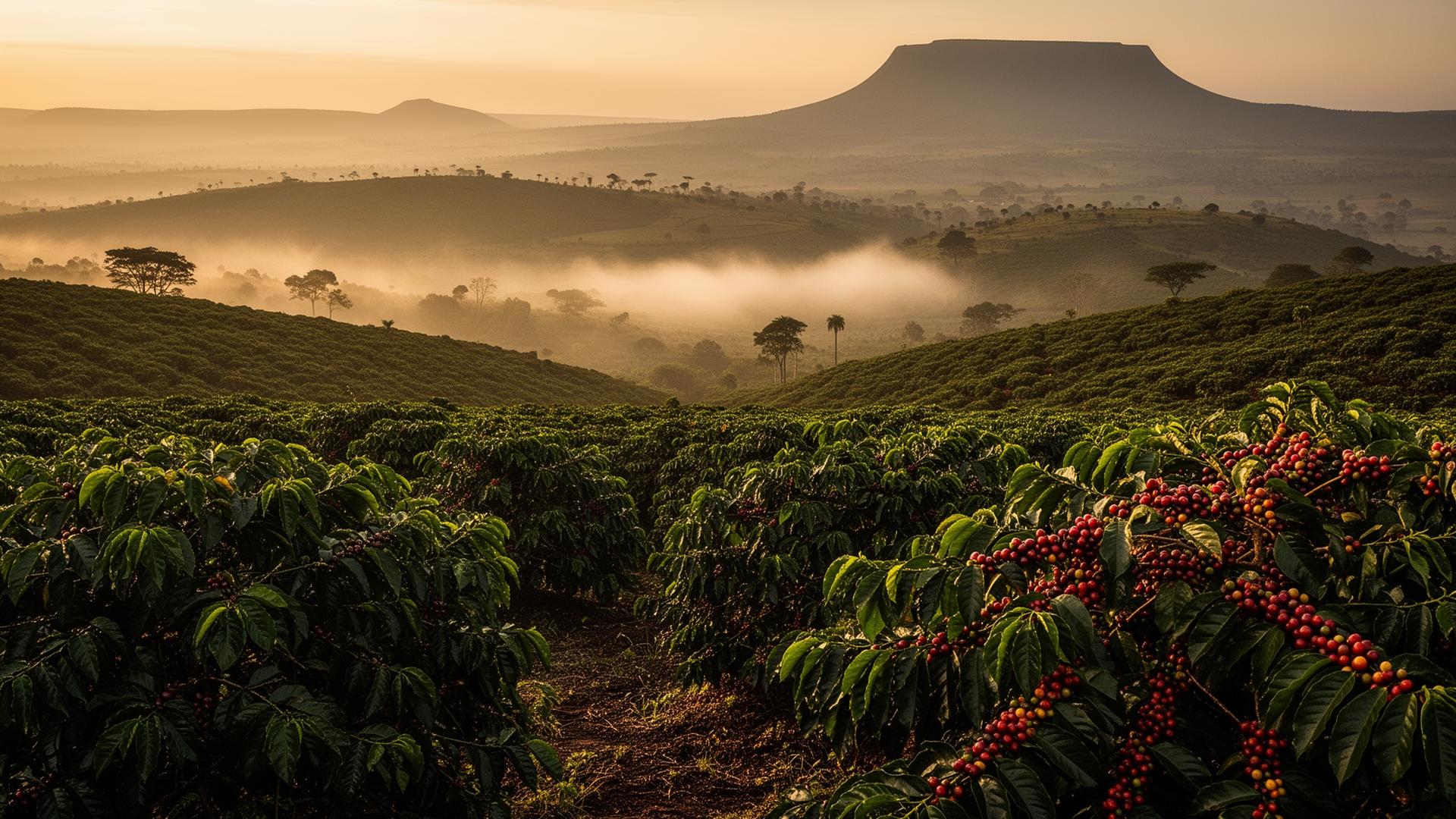 Kenyan coffee highlands at golden hour